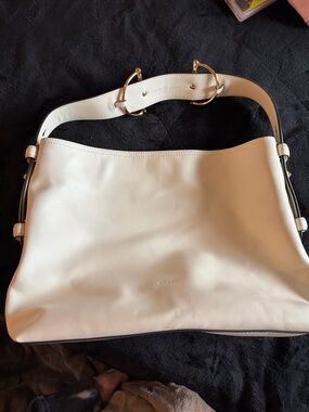 Oversized White Leather Shoulder Bag with Gold Hardware